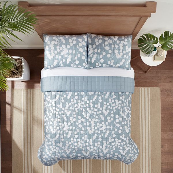 3pc King Ellen Botanical Leaf Quilt Set Light Blue/White - Serta: Year-Round Comfort, Machine Washable