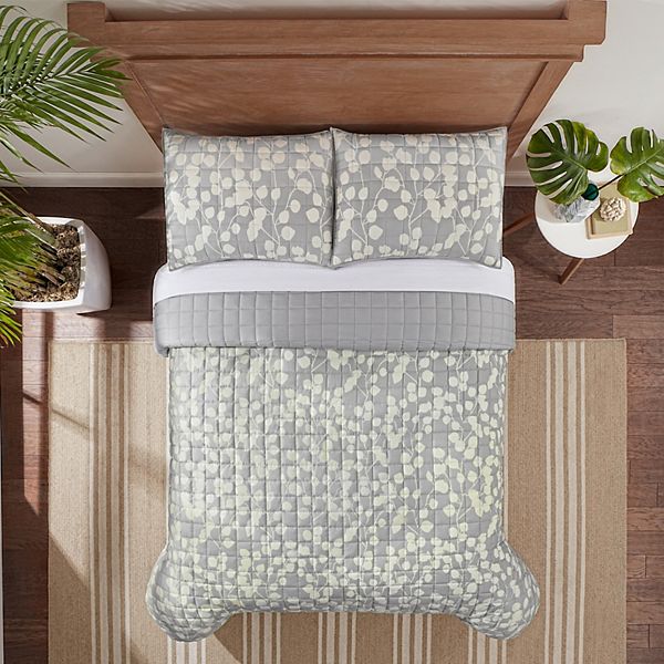 Serta Simply Comfort Ellen Botanical Leaf Quilt Set with Shams - Gray Yellow (FULL/QUEEN)