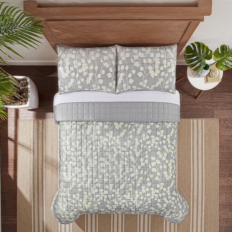 Serta Simply Comfort Ellen Botanical Leaf Quilt Set with Shams, Grey, King