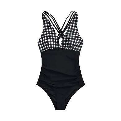 Women's Cupshe Gingham Tummy Control Cross-Back One-Piece Swimsuit