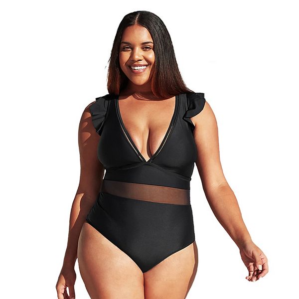 Plus Size Cupshe V Neck Ruffle Mesh One Piece Swimsuit 