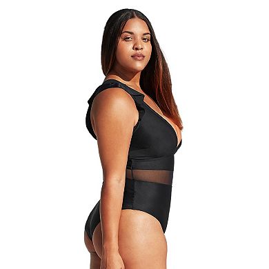 Plus Size CUPSHE V-Neck Ruffle Mesh One-Piece Swimsuit