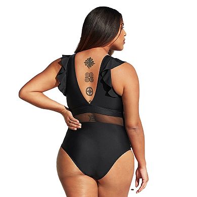 Plus Size CUPSHE V-Neck Ruffle Mesh One-Piece Swimsuit