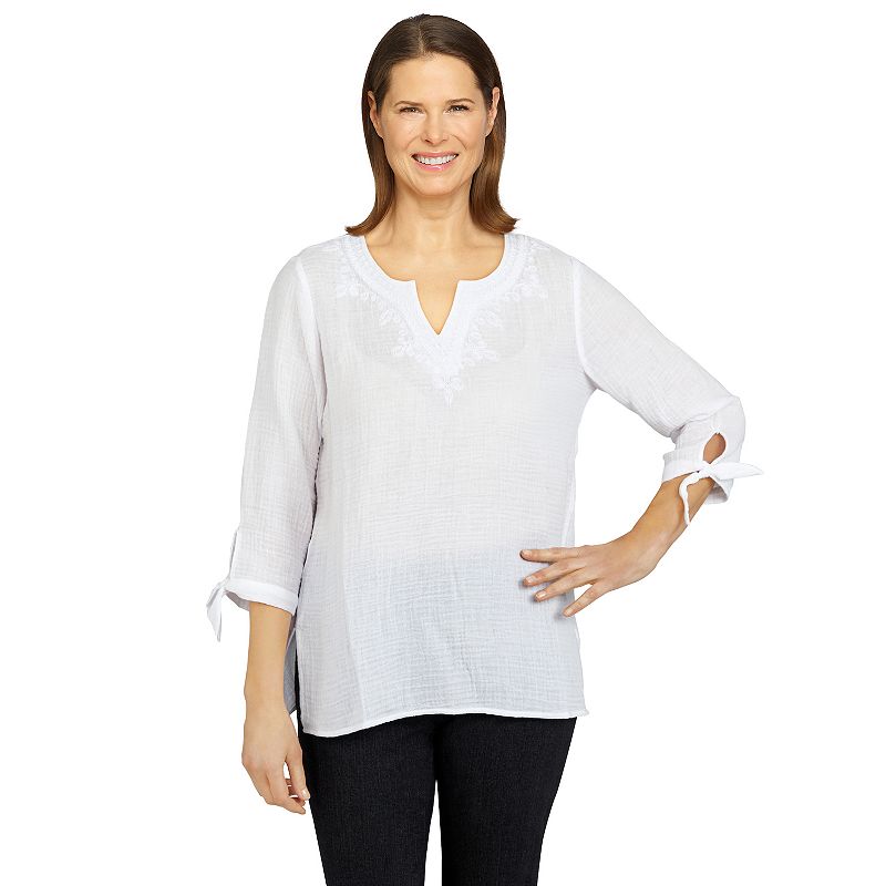 Womens Alfred Dunner Portofino Gauze Embroidered Shirt, Size: Small, White
