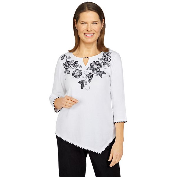 Women's Alfred Dunner Floral Embroidered Asymmetrical Top