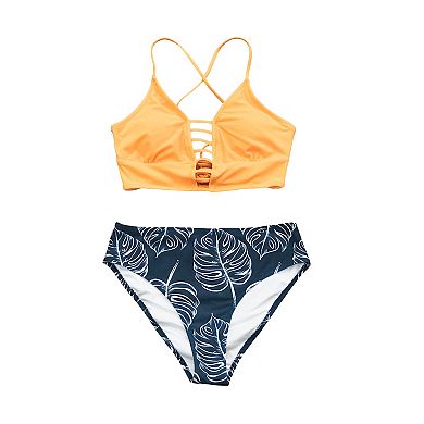 Women's CUPSHE Solid Top & Leaf Print Bottom 2-Piece Bikini Set