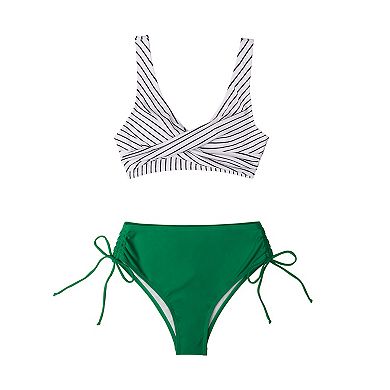 Women's CUPSHE Striped Top and Ruched Lace Up High Waisted Bottom 2-Piece Bikini Set