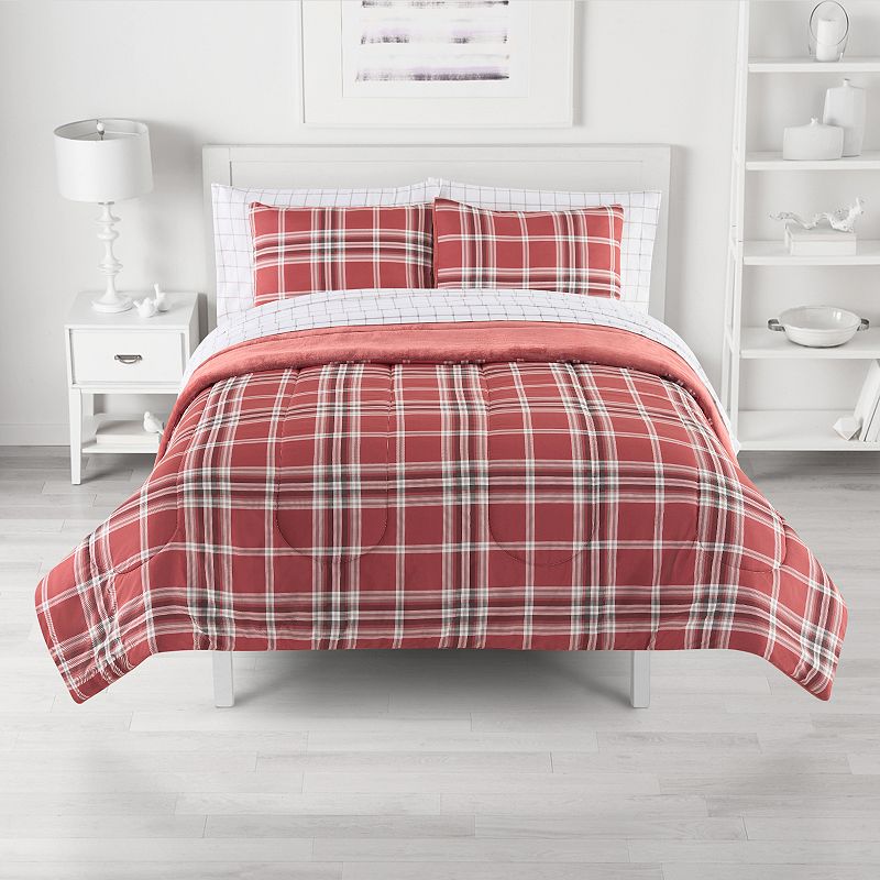 The Big One Braxton Plaid Plush Reversible Comforter Set with Sheets, Med R