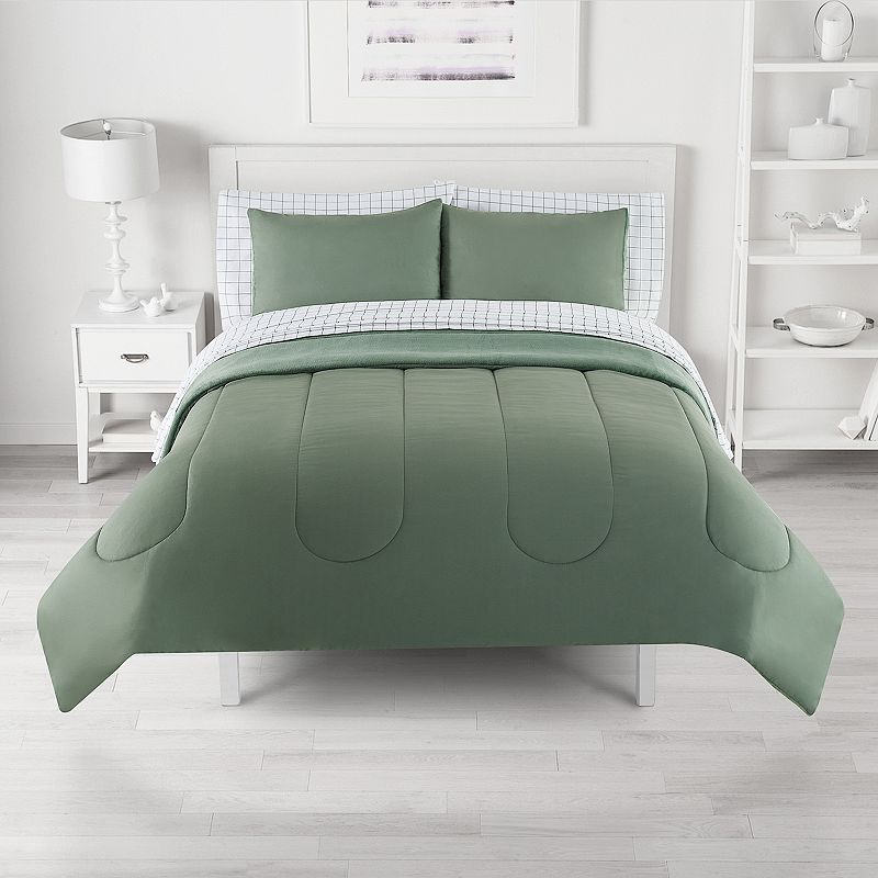 The Big One Moss Solid Plush Reversible Comforter Set with Sheets, Med Gree