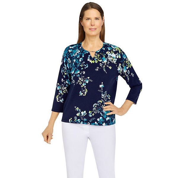 Petite Alfred Dunner Classics Asymmetric Flowers Top