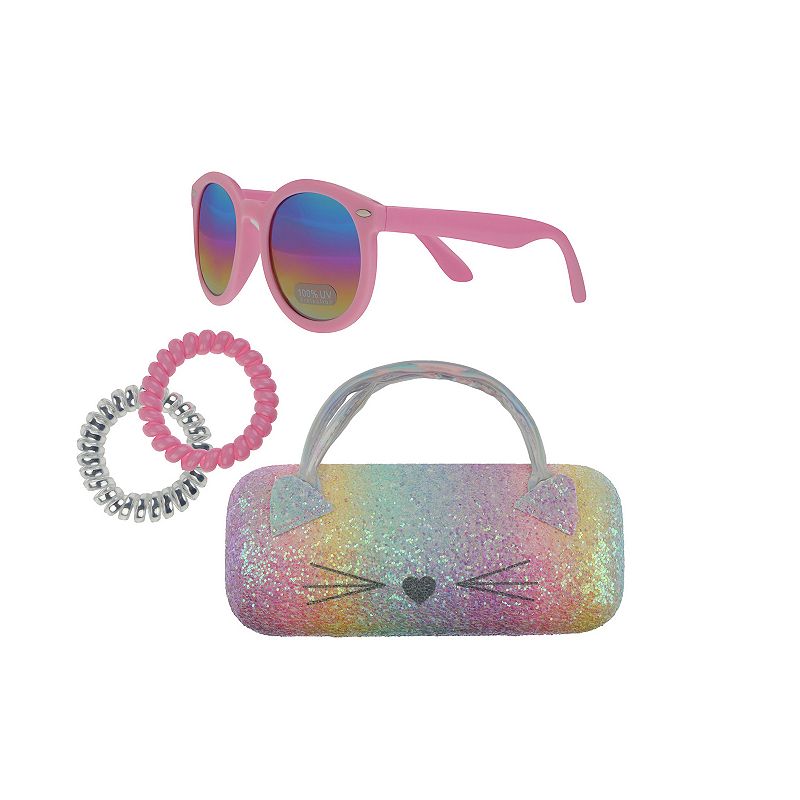Girls Elli by Capelli Sunglasses, Case, & 2 Hair Coils Set, Rainbow Cat