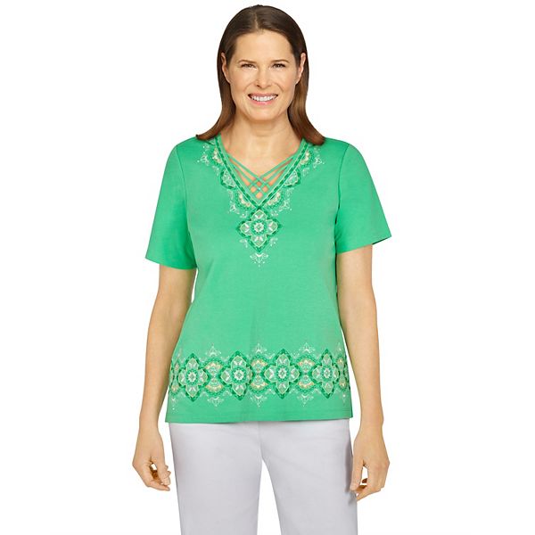 Women's Alfred Dunner Tiki Time Medallion Yoke And Border Embroidered Top