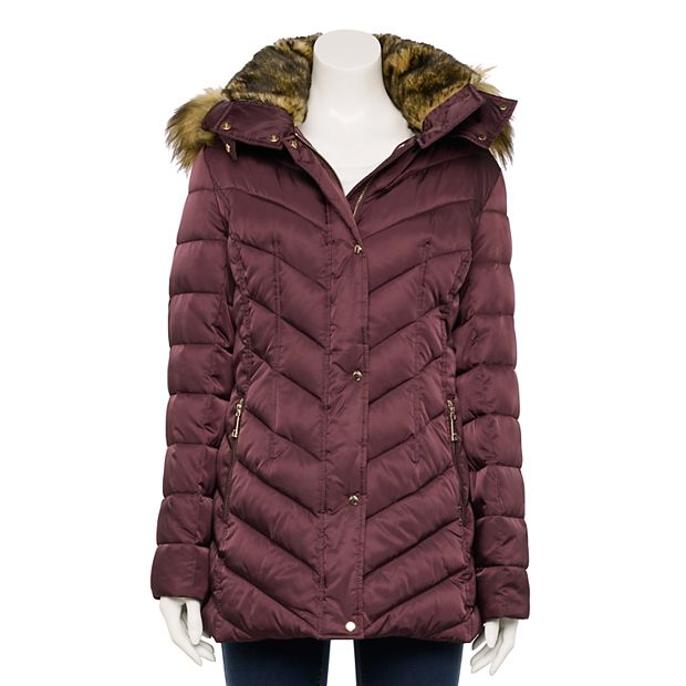 Burgundy puffer jacket 2024 with fur hood