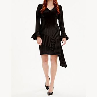 Women's Focus By Shani Pinstripe Asymmetrical Ruffle Hem Midi Dress