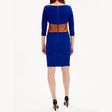 Focus By Shani Faux Leather Waistband Three-Quarter Length Sleeve Dress