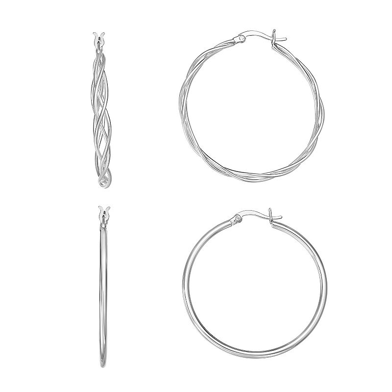 Aurielle Fine Silver Plated Braided Hoop & Tube Hoop Earrings Duo Set, Wome