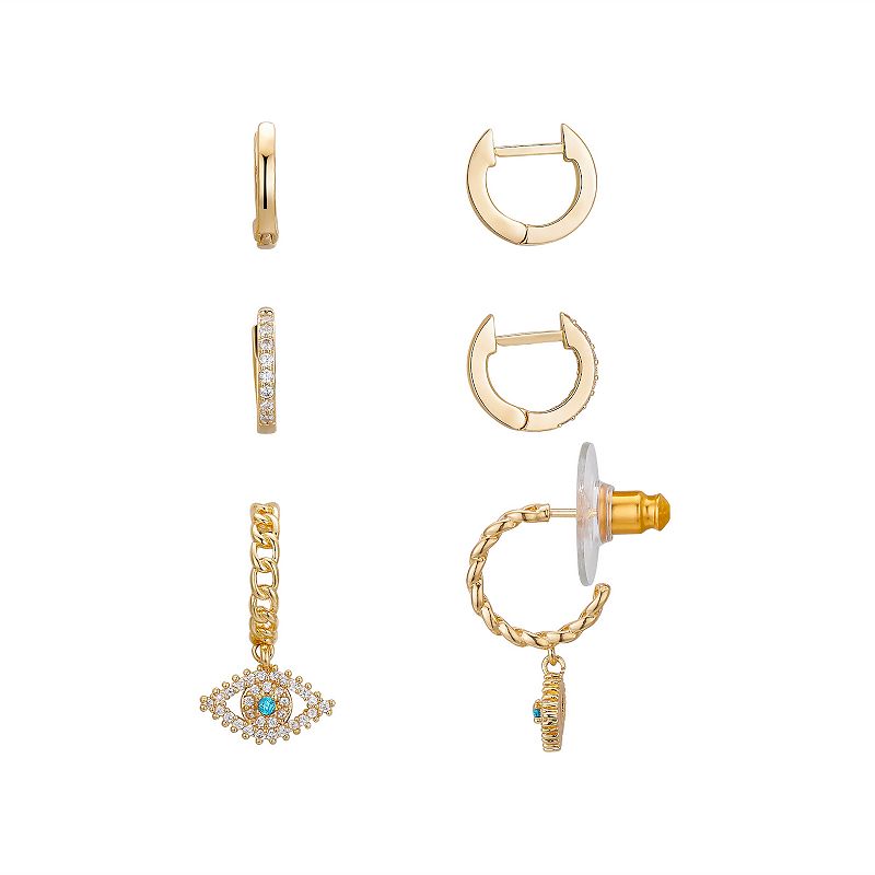 Love This Life Gold Tone Huggie, Crystal Accent Huggie & Evil Eye Drop Earr