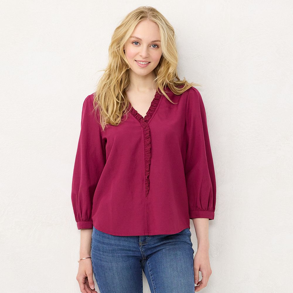 Lauren Conrad Wine Red Pleated Blouse w/ Lace Detail -XL/ main image 0