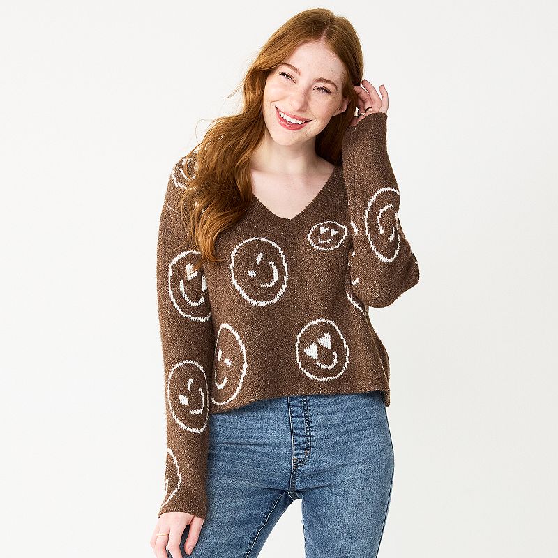 Juniors SO Printed V-Neck Pullover Sweater, Girls, Size: Medium, Dark Bro