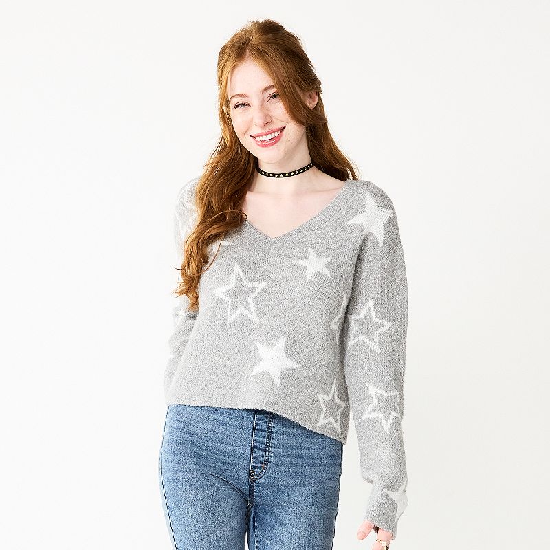 Juniors SO Printed V-Neck Pullover Sweater, Girls, Size: Medium, Grey