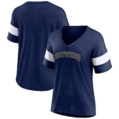 Women's Fanatics Branded Heathered Navy Milwaukee Brewers Wordmark V-Neck Tri-Blend T-Shirt