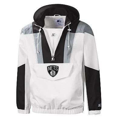 Men's Starter White Brooklyn Nets Striker Crinkle Half-Zip Hoodie Jacket