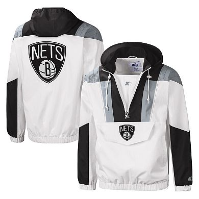 Men's Starter White Brooklyn Nets Striker Crinkle Half-Zip Hoodie Jacket