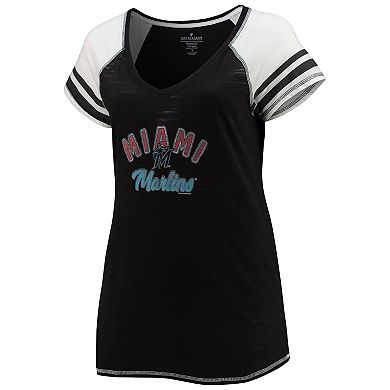 Women's Soft as a Grape Black Miami Marlins Curvy Colorblock Tri-Blend Raglan V-Neck T-Shirt