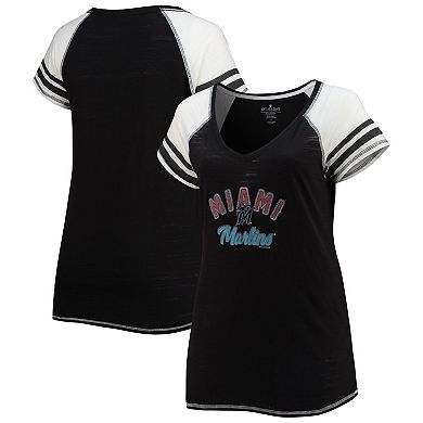 Women's Soft as a Grape Black Miami Marlins Curvy Colorblock Tri-Blend Raglan V-Neck T-Shirt