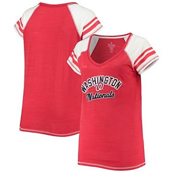 Women's Soft as a Grape Red Washington Nationals Curvy Colorblock Tri-Blend Raglan V-Neck T-Shirt
