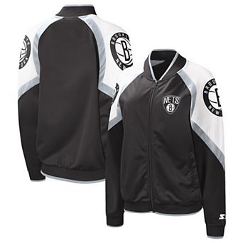 Women's Starter Black/Silver Brooklyn Nets Fan Girl Satin Raglan Full-Zip Jacket