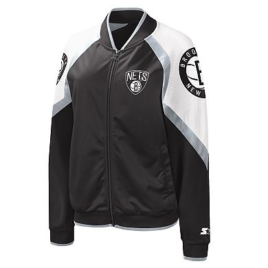 Women's Starter Black/Silver Brooklyn Nets Fan Girl Satin Raglan Full-Zip Jacket