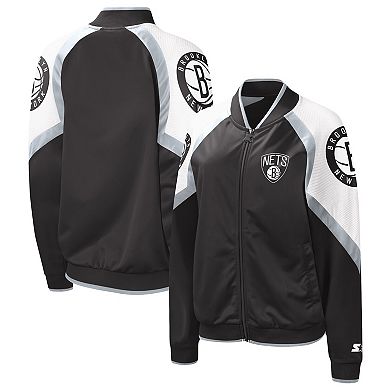 Women's Starter Black/Silver Brooklyn Nets Fan Girl Satin Raglan Full-Zip Jacket