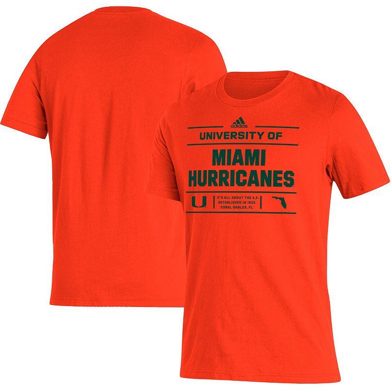 Mens adidas Orange Miami Hurricanes Front Page Amplifier T-Shirt, Size: Sm