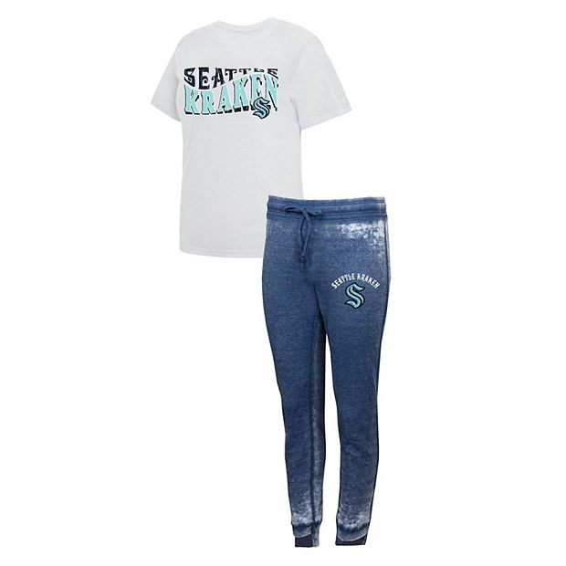 Women's Seattle Kraken Concepts Sport Deep Sea Blue/White Resurgence Slub  Burnout Raglan T-Shirt & Joggers Sleep Set