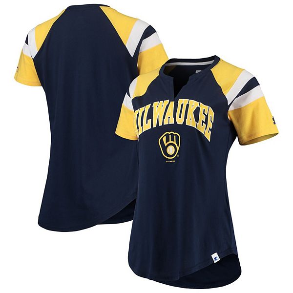 Women's Starter Navy/Gold Milwaukee Brewers Game On Notch Neck Raglan T- Shirt