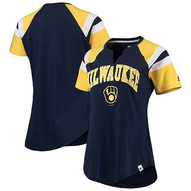 Women's Starter Navy/Gold Milwaukee Brewers Game On Notch Neck Raglan T-Shirt