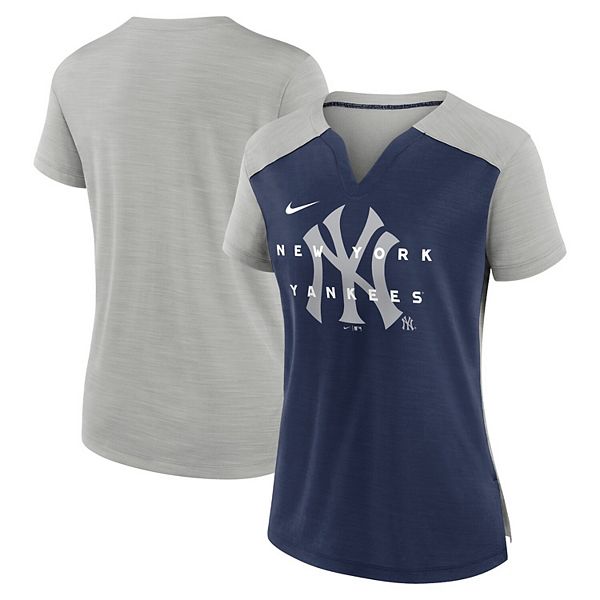 Women's Nike Silver/Navy New York Yankees Slub Performance V-Neck Boxy T- Shirt