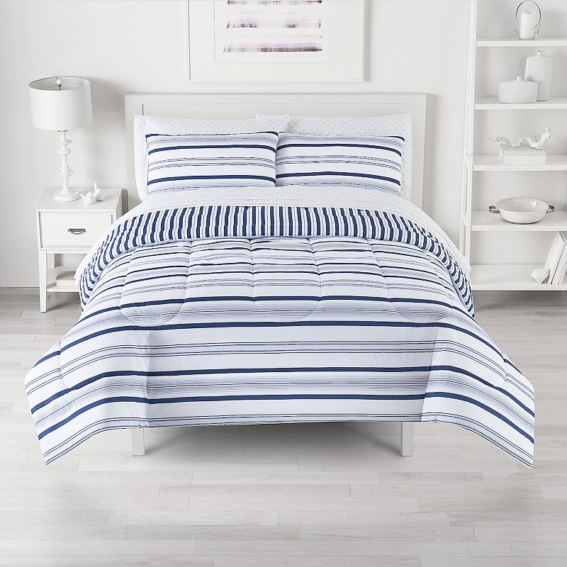 The Big One Arden Blue Stripe Reversible Comforter Set with Sheets, Lt Beig