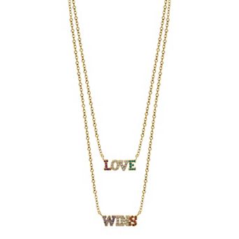 OLIVIA AND HARPER 14k Gold Over Silver Multi-Color Cubic Zirconia 2 Strand "LOVE WINS" Pendant Necklace