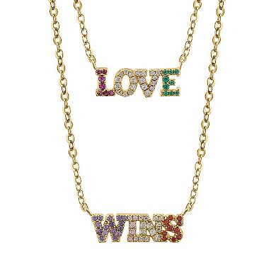 OLIVIA AND HARPER 14k Gold Over Silver Multi-Color Cubic Zirconia 2 Strand "LOVE WINS" Pendant Necklace