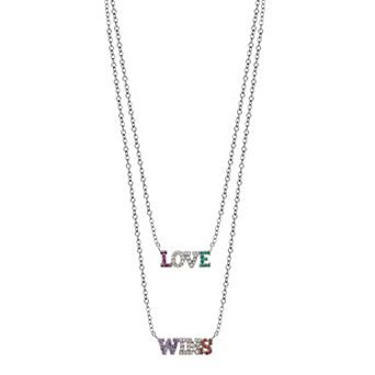 OLIVIA AND HARPER Sterling Silver Multi-Color Cubic Zirconia 2 Strand "LOVE WINS" Pendant Necklace