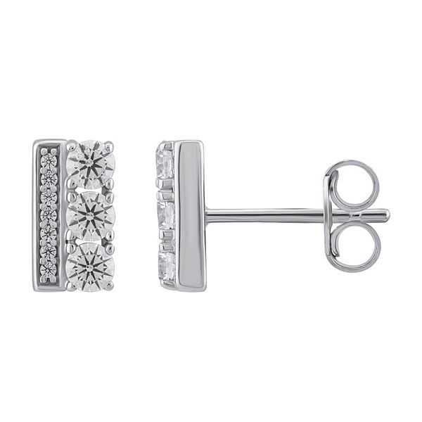 Olivia And Harper Sterling Silver Cubic Zirconia Three Stone Stud Earrings