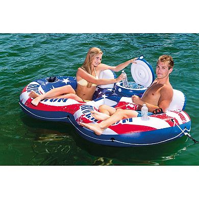 Intex 56855VM Inflatable American Flag 2 Person Pool Tube Float with Cooler