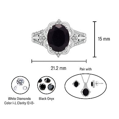 Sterling Silver 1/10 Carat T.W. Diamond & Onyx Oval Ring