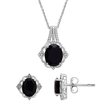Sterling Silver 1/8 Carat T.W. Diamond & Onyx Pendant & Earring Set