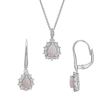 Sterling Silver Lab-Created White Opal & Lab-Created White Sapphire Pendant & Drop Earring Set