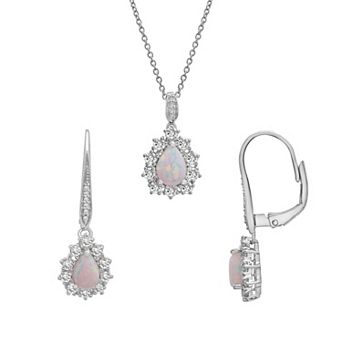Sterling Silver Lab-Created White Opal & Lab-Created White Sapphire Pendant & Drop Earring Set