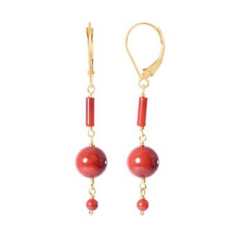 Jewelmak 14k Gold Red Coral Dangle Leverback Earrings