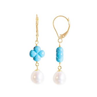 Jewelmak 14k Gold White Freshwater Cultured Pearl & Turquoise Flower Earrings